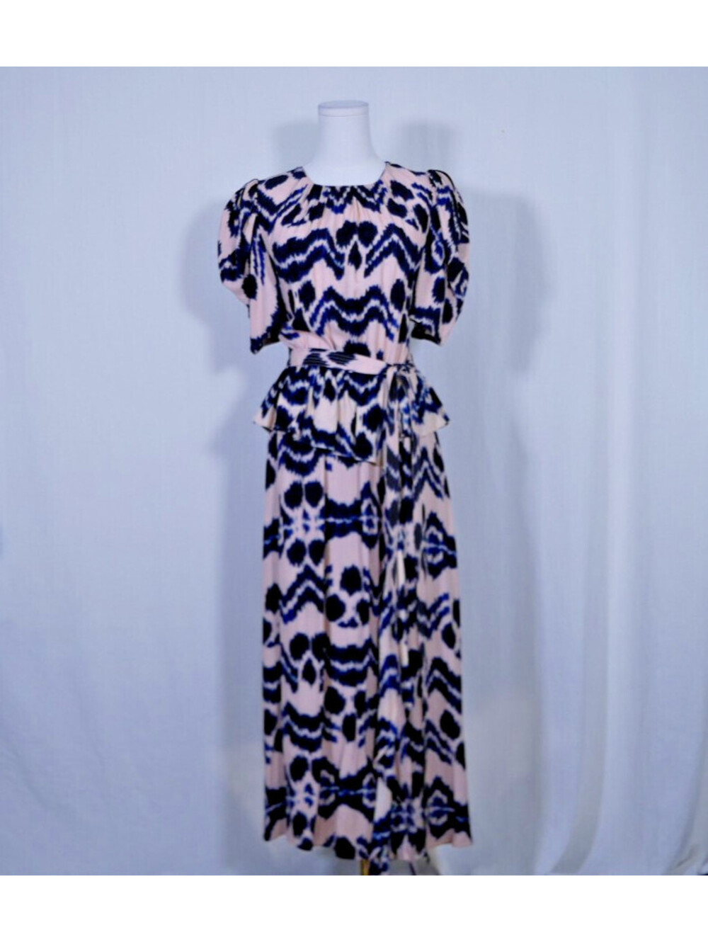 Ulla Johnson Printed Silk Dress in Beige and Navy Women's Size 8